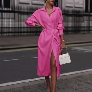 NIB-Women's Stylish Mid-Length Shirt Dress - Pink, Long Sleeve, Tie-Front S-M